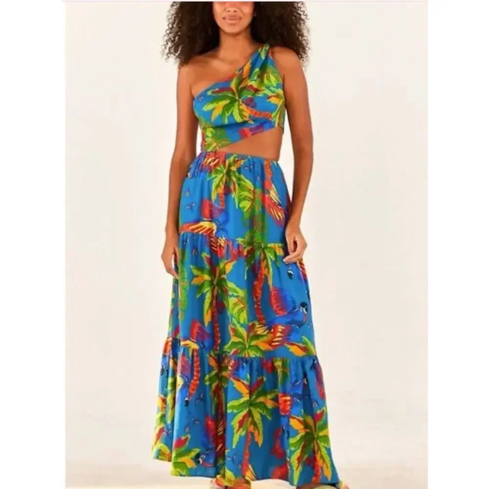 Farm Rio Sunny Day Maxi Dress One-Shoulder Cutout Tropical Linen Blend Size XL - Picture 4 of 14